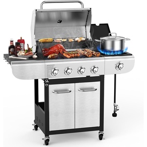 image:imageCOWSAR 4Burner BBQ Propane Gas Grill 44000 BTU Stainless Steel Barbecue Grill with Side Table 10000 BTU Side Burner 4 Casters Easy Mobility Ideal for Outdoor Patio Garden Picnic Backyard Cooking